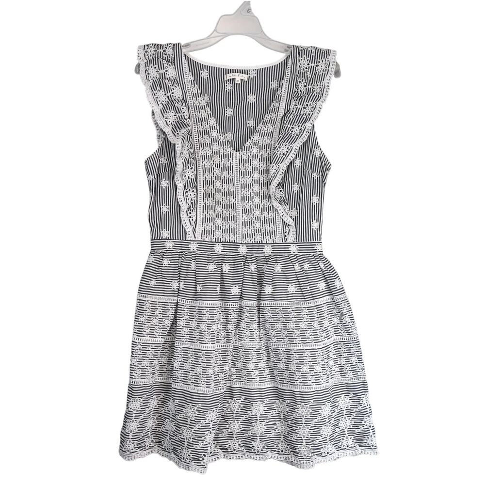 Willow & Clay Embroidered Floral Eyelet Lace Striped Mini Dress Sz 10 Drop Waist